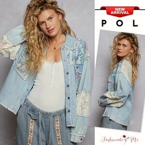 POL Lace Details Printed Woven Mix Raw Hem Pockets Buttoned Denim Jacket | Blue